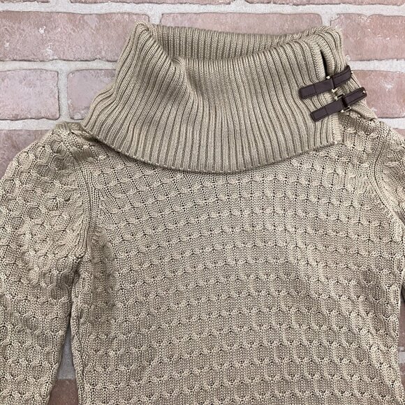 Calvin Klein Dress Women Small Light Brown Cowl Neck Buckle Acrylic Knit Sweater - Picture 2 of 11